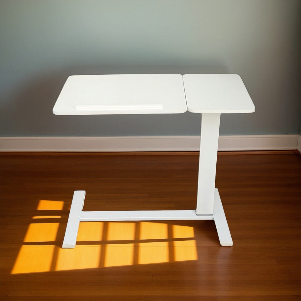 White MDF and metal overbed bedside desk from Anthony & Home's Atelier Edition, featuring a modern luxurious design.