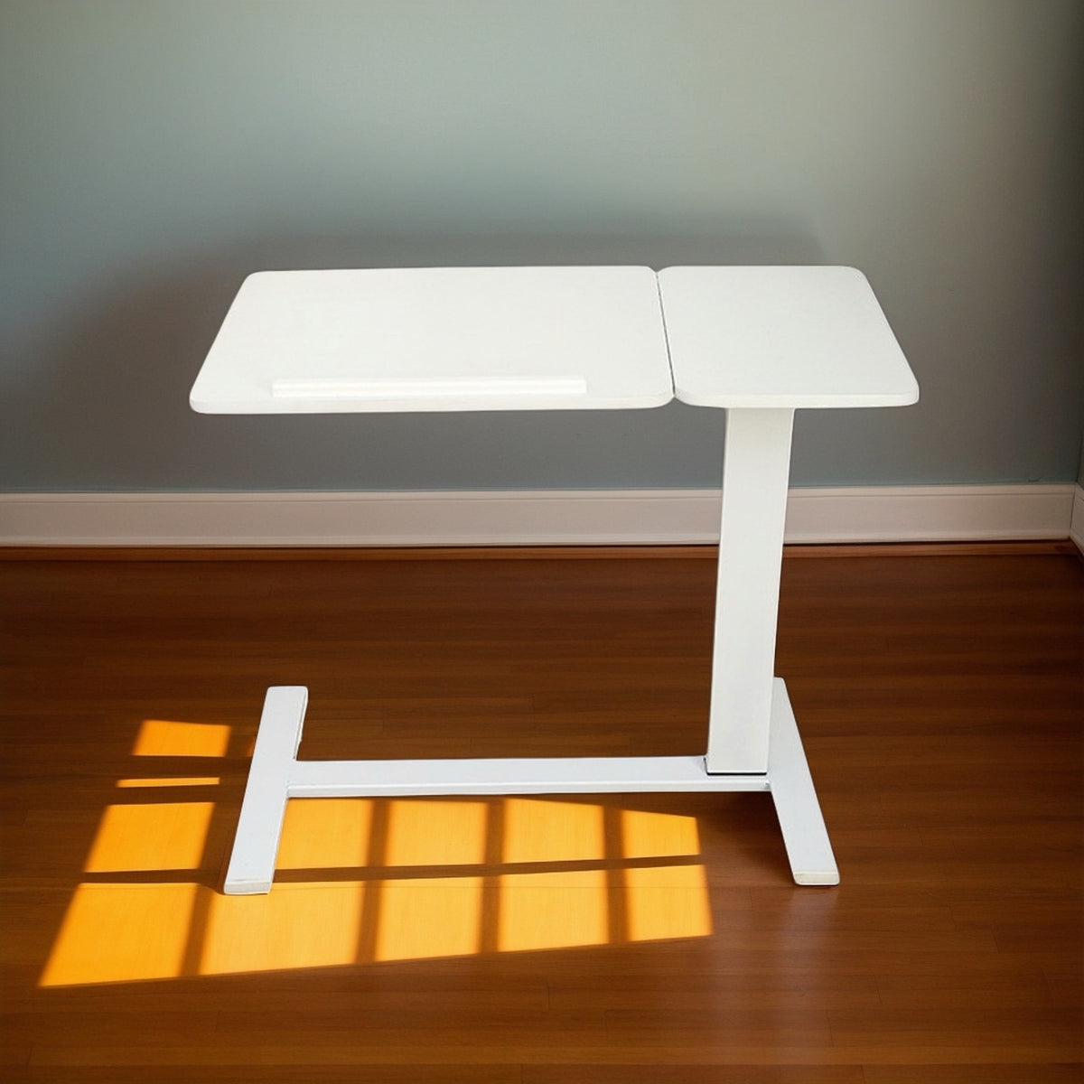 White MDF and metal overbed bedside desk from Anthony & Home's Atelier Edition, featuring a modern luxurious design.