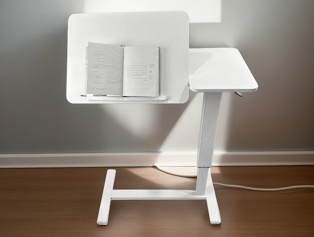 White MDF and metal overbed bedside desk from Anthony & Home Atelier Edition, modern luxury design, perfect for bedroom use