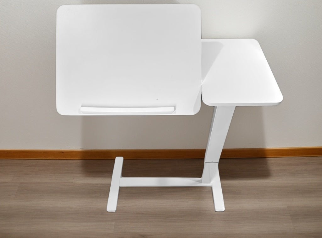 White MDF and metal overbed bedside desk from Anthony & Home's Atelier Edition, featuring a modern, timeless luxury design.