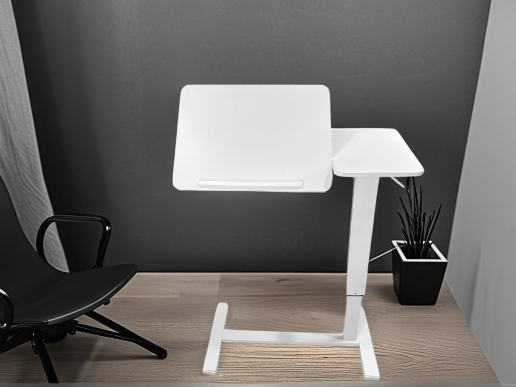 White MDF and metal overbed bedside desk from Anthony & Home Atelier Edition, showcasing a modern, timeless luxury design.
