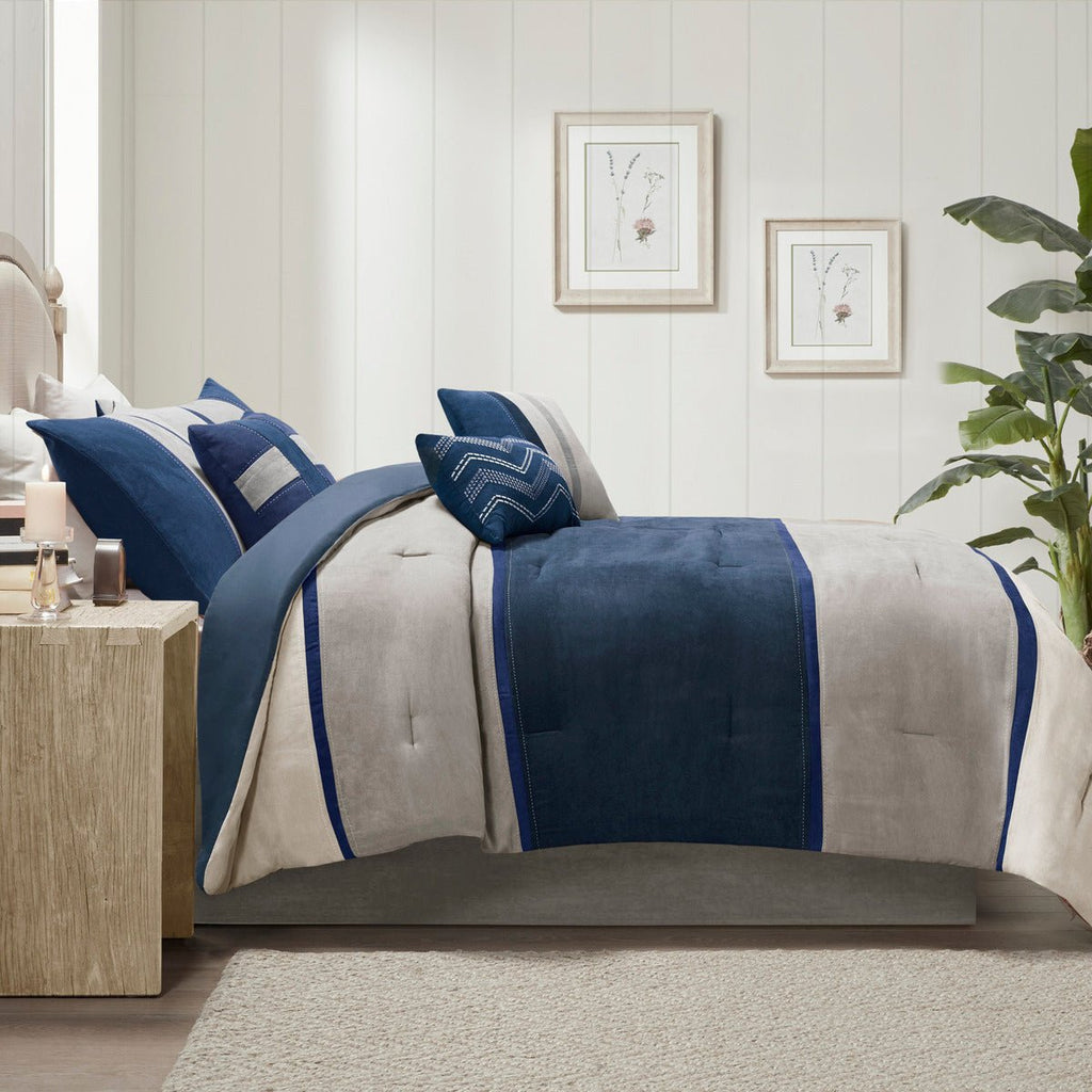 Anthony & Home Palisades Blue Faux Suede Comforter Set, 7-piece bedding ensemble with plush fabric and decorative pillows.
