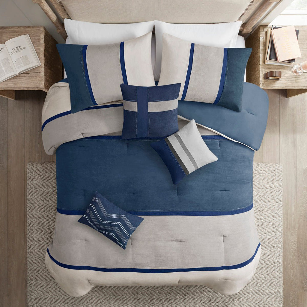 Blue Palisades faux suede comforter set by Anthony & Home, featuring a 7-piece bedding ensemble with plush, soft fabric.