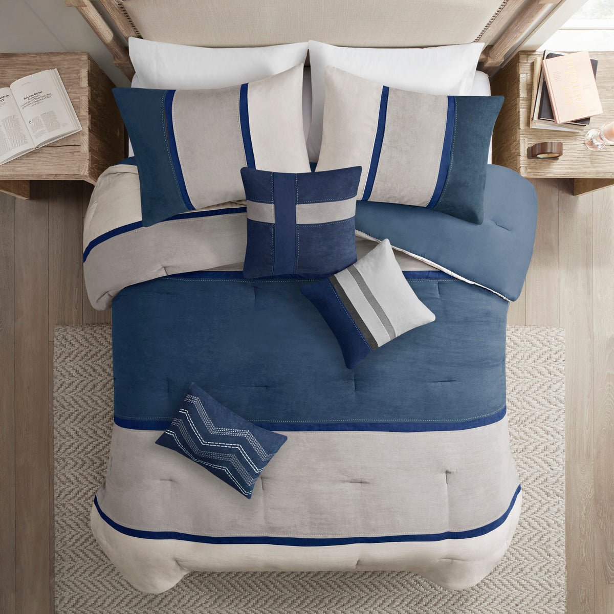 Blue Palisades faux suede comforter set by Anthony & Home, featuring a 7-piece bedding ensemble with plush, soft fabric.