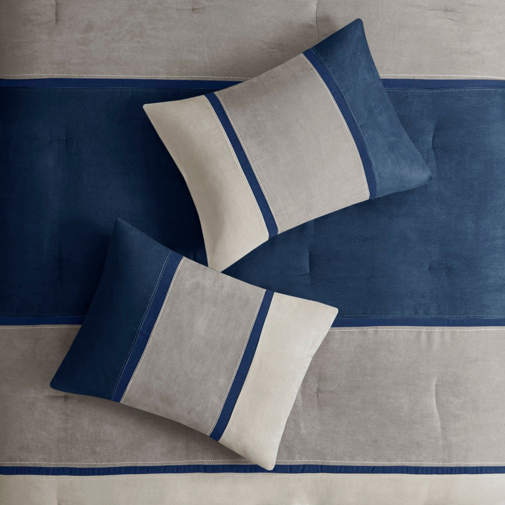 Blue Palisades Faux Suede Comforter Set by Anthony & Home, 7-piece bedding ensemble with plush fabric and coordinated pillow shams.