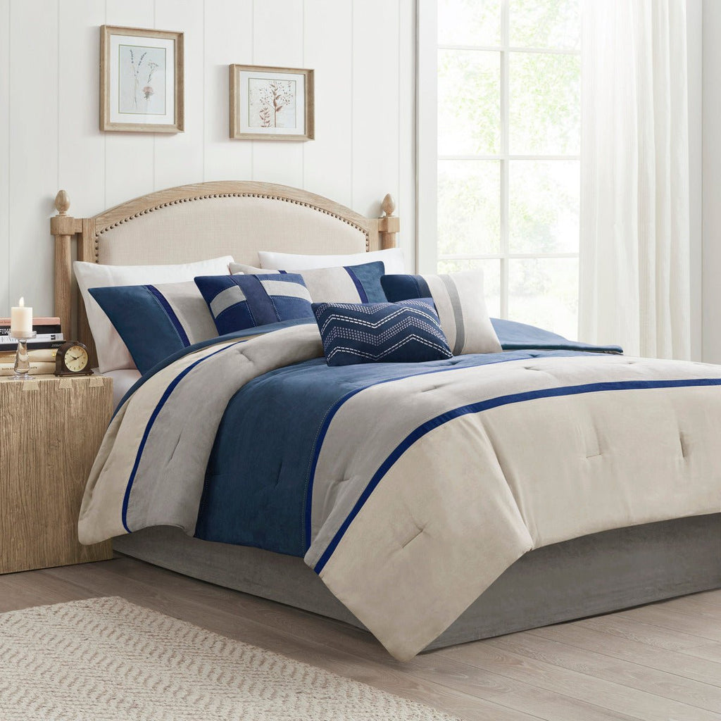 King size Anthony & Home Palisades faux suede comforter set in blue with 7 pieces, showcasing luxurious craftsmanship and soft fabric.