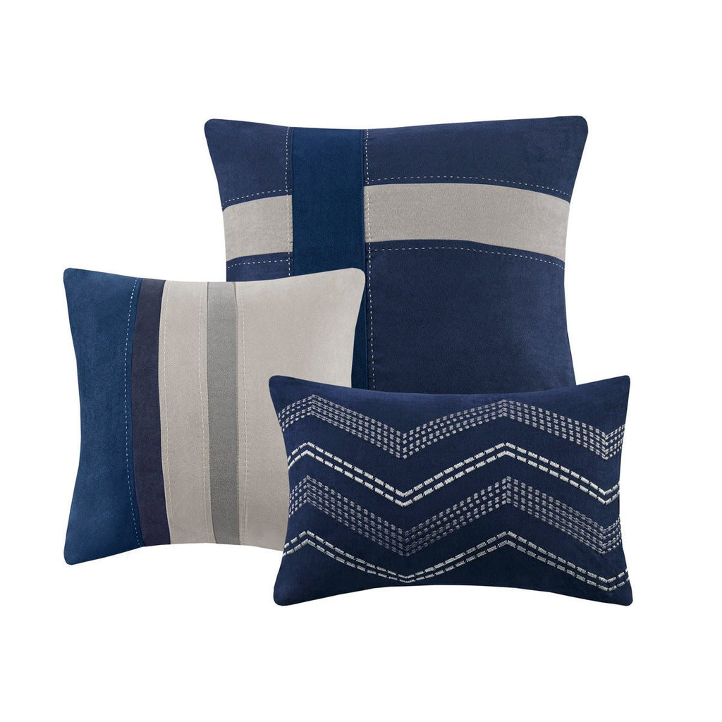 King size Anthony & Home Palisades faux suede comforter set in blue with 7 pieces, showcasing luxurious craftsmanship and elegant design.