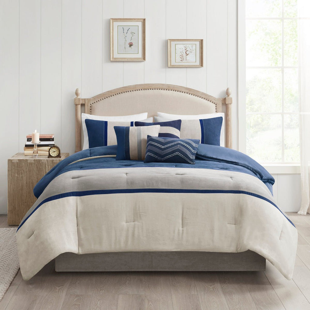 King size blue faux suede comforter set by Anthony & Home, 7-piece Palisades limited edition bedding ensemble.