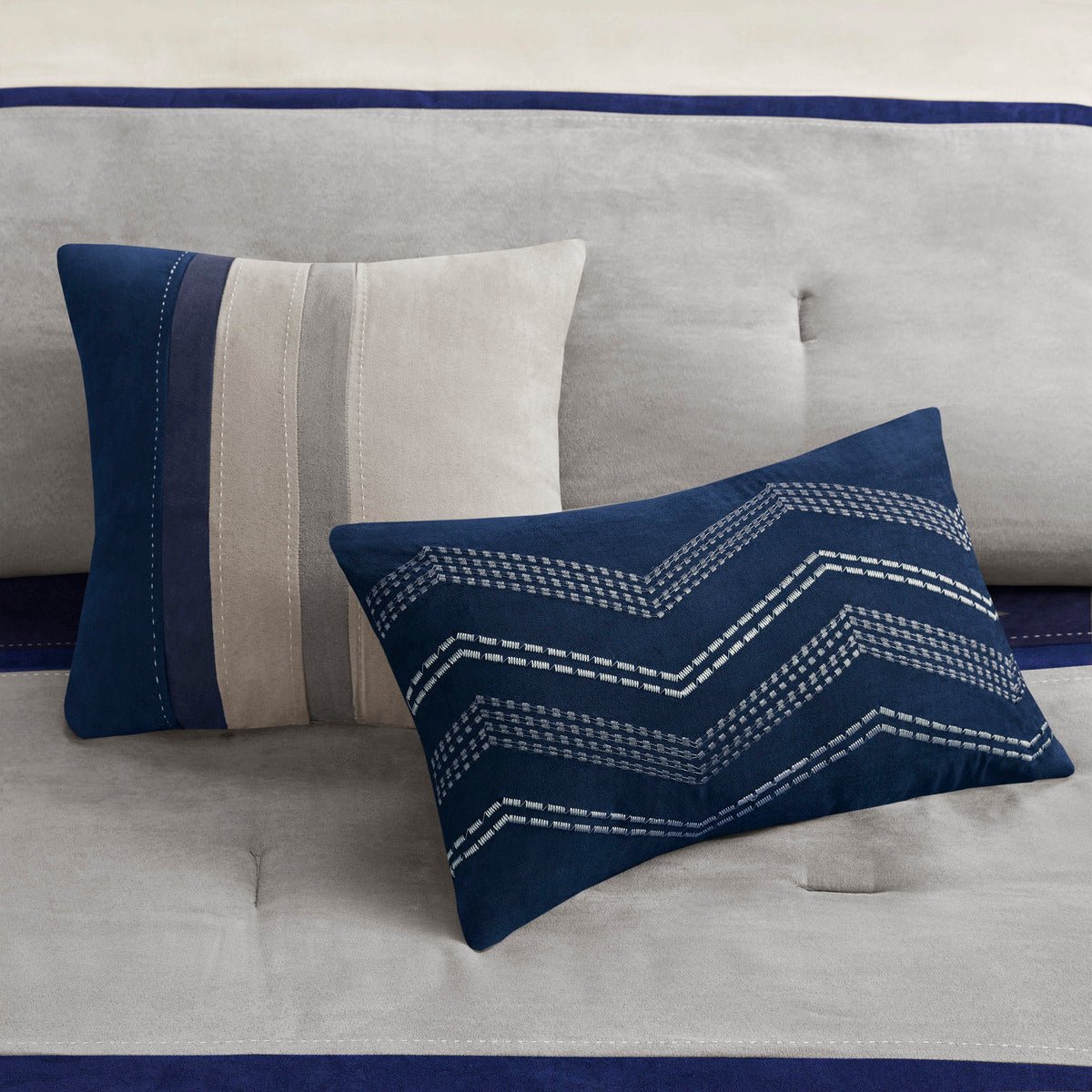 King size Anthony & Home Palisades faux suede comforter set in blue with 7 pieces, featuring luxurious, timeless craftsmanship.