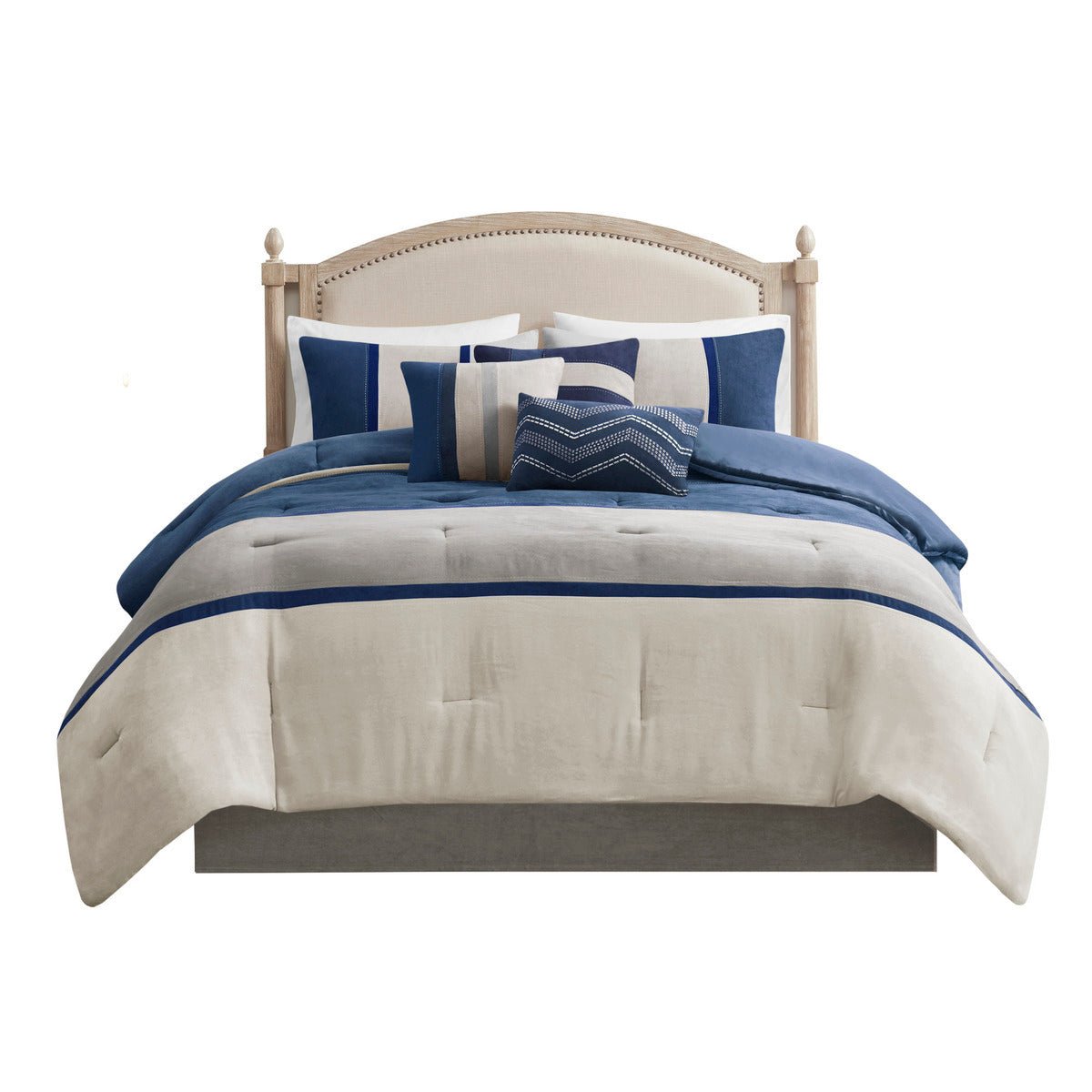 King size Anthony & Home Palisades faux suede comforter set in blue, 7-piece limited edition bedding with plush, timeless craftsmanship.