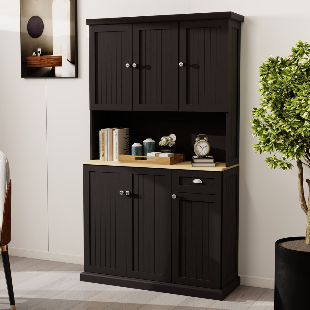 Black matte pantry storage cabinet with microwave countertop, 6 doors, and 1 drawer by Anthony & Home.