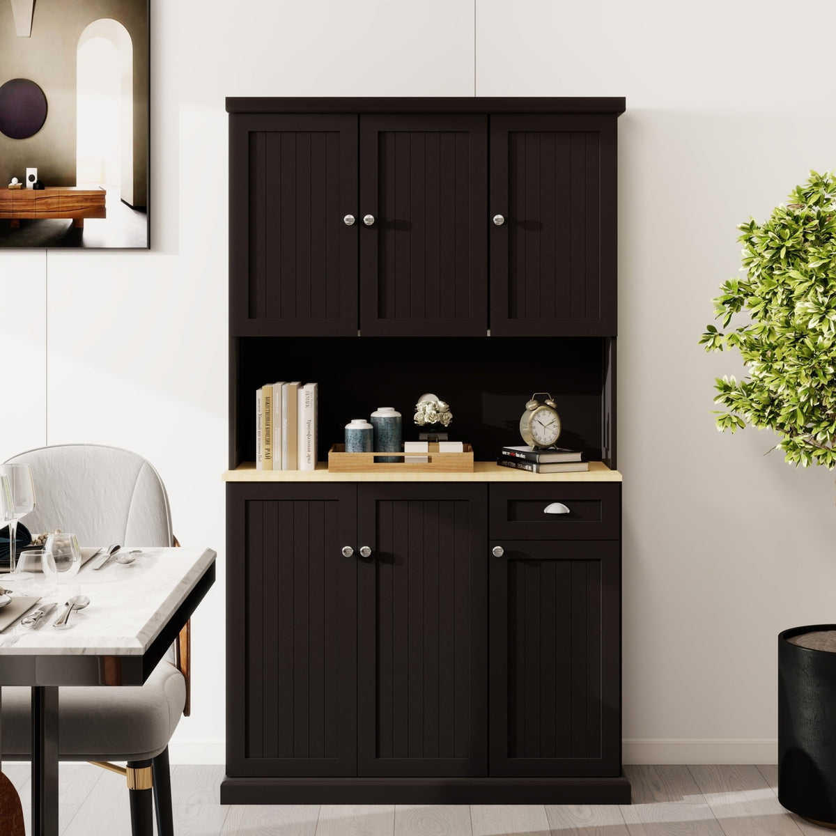 Black matte pantry storage cabinet with microwave countertop, 6 doors, and 1 drawer from Anthony & Home.