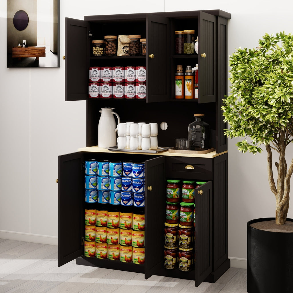 Black matte Anthony & Home pantry storage cabinet with microwave countertop, 6 doors, and 1 drawer for organized kitchen storage.