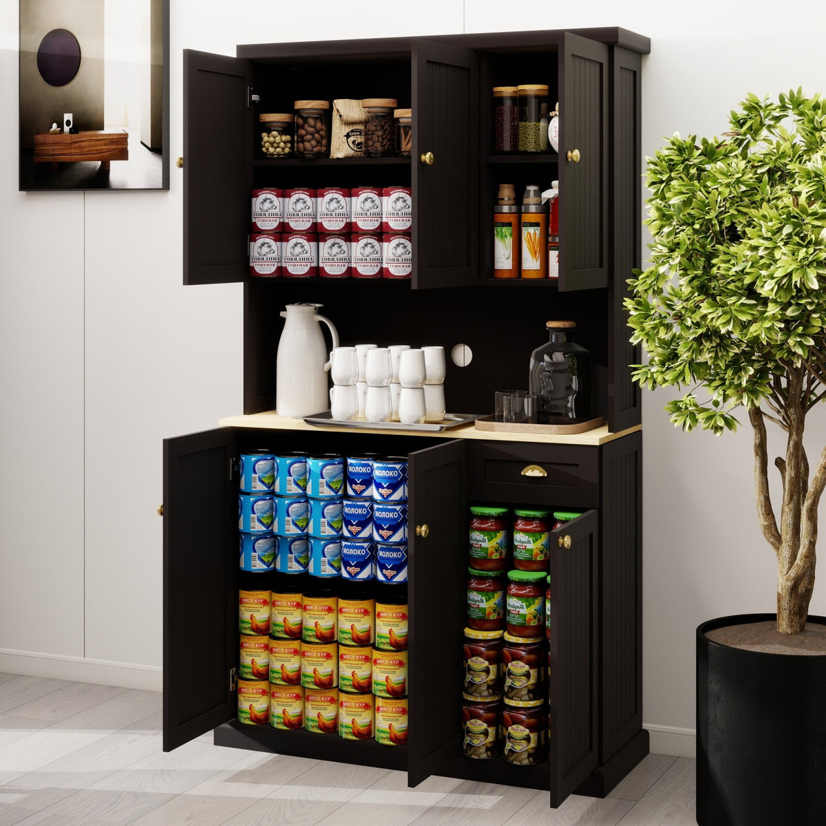 Black matte Anthony & Home pantry storage cabinet with microwave countertop, 6 doors, and 1 drawer for organized kitchen storage.
