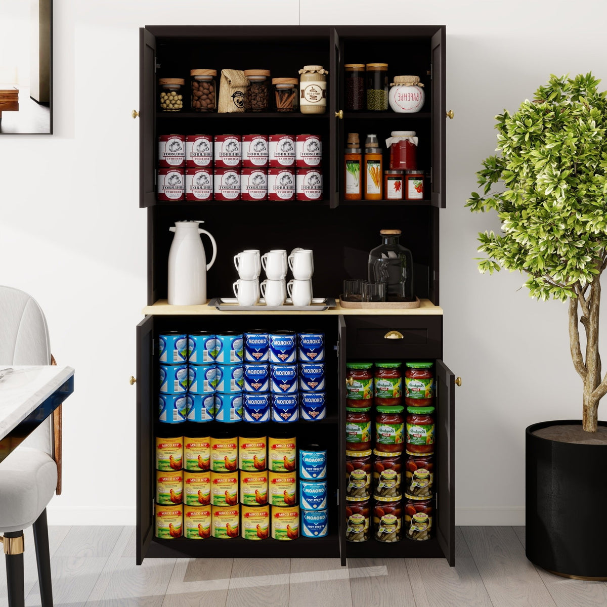 Black matte pantry storage cabinet with microwave countertop, 6 doors, and 1 drawer from Anthony & Home.