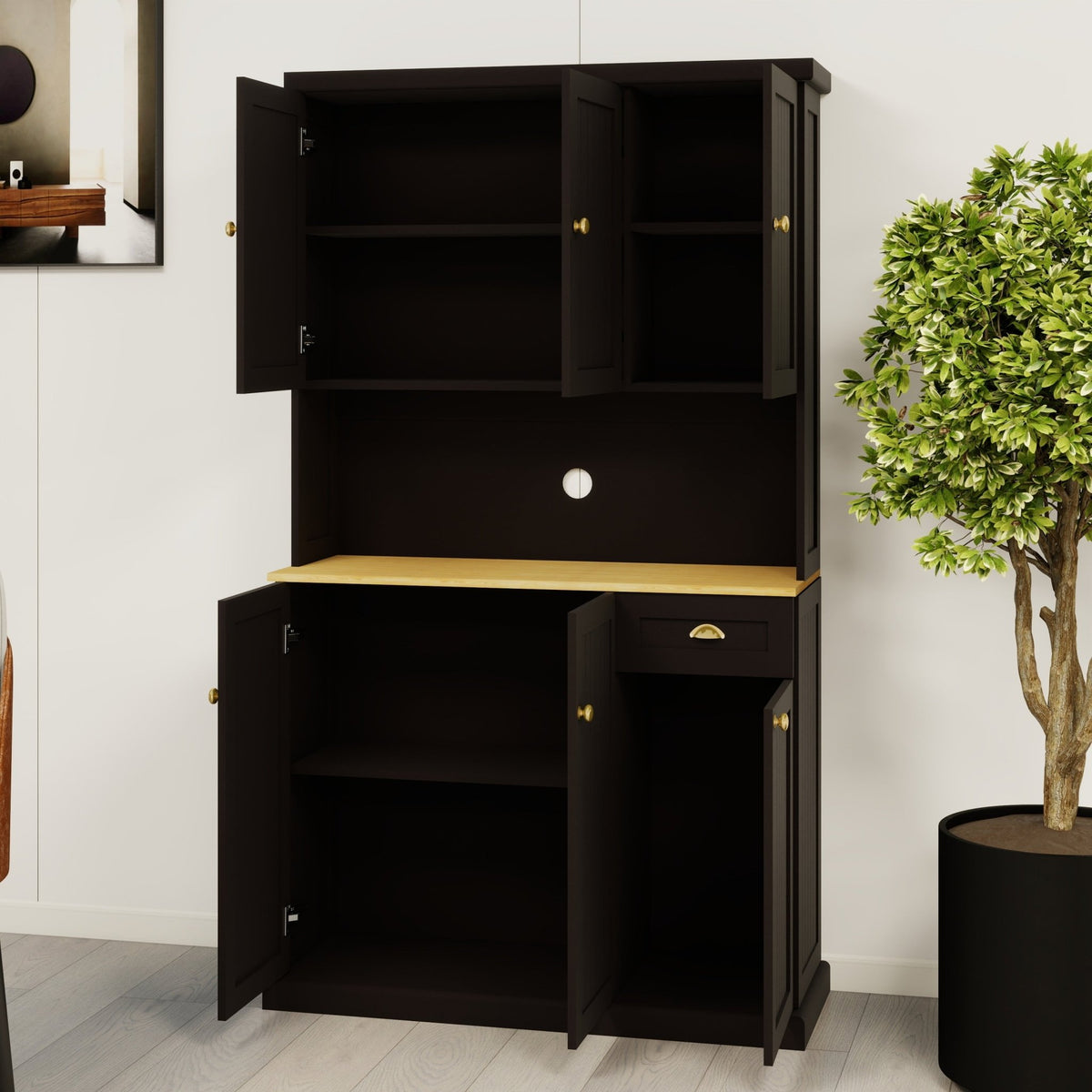 Black matte pantry storage cabinet with microwave countertop, 6 doors and 1 drawer, by Anthony & Home.
