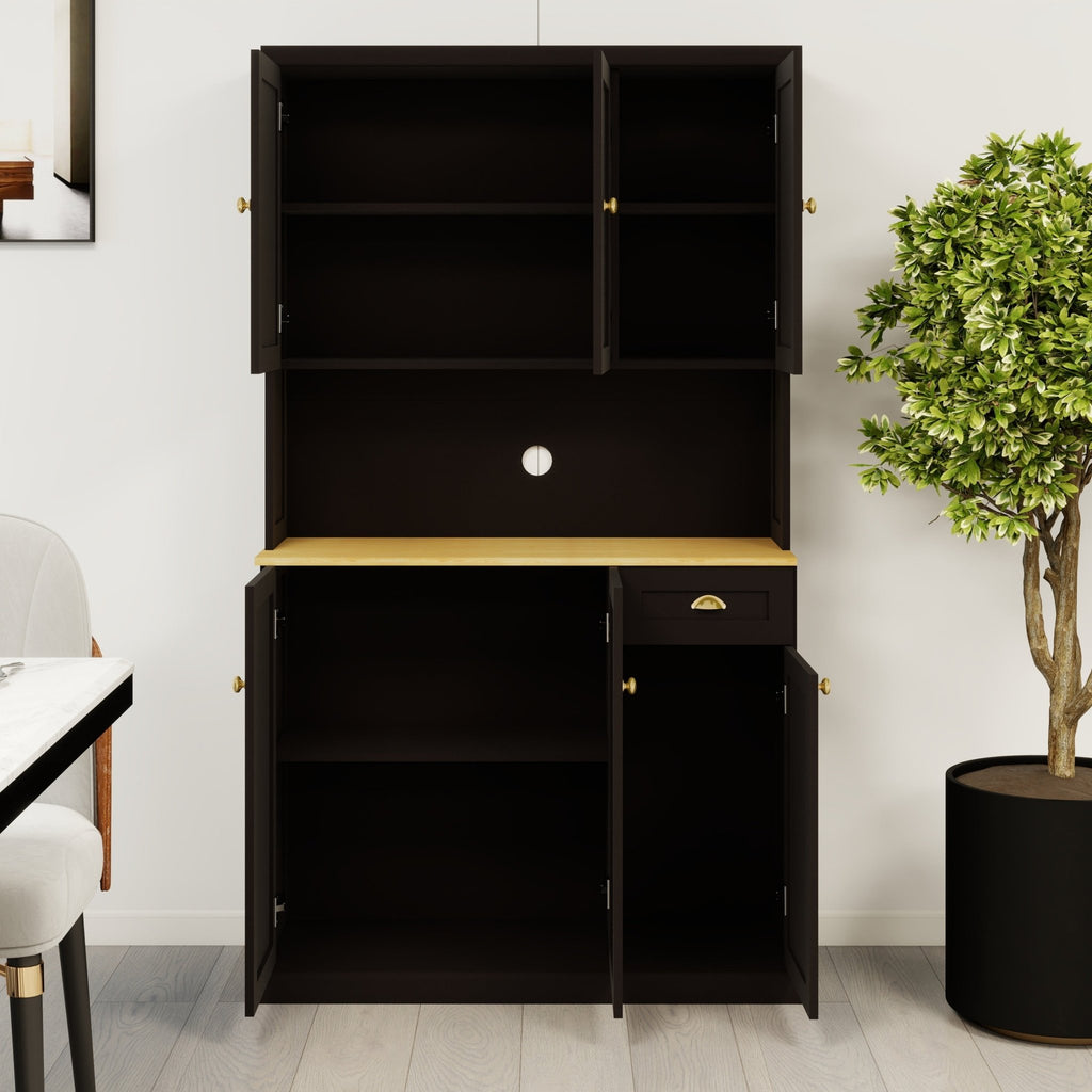 Anthony & Home black matte pantry storage cabinet with microwave countertop, 6 doors, and 1 drawer in a modern kitchen setting