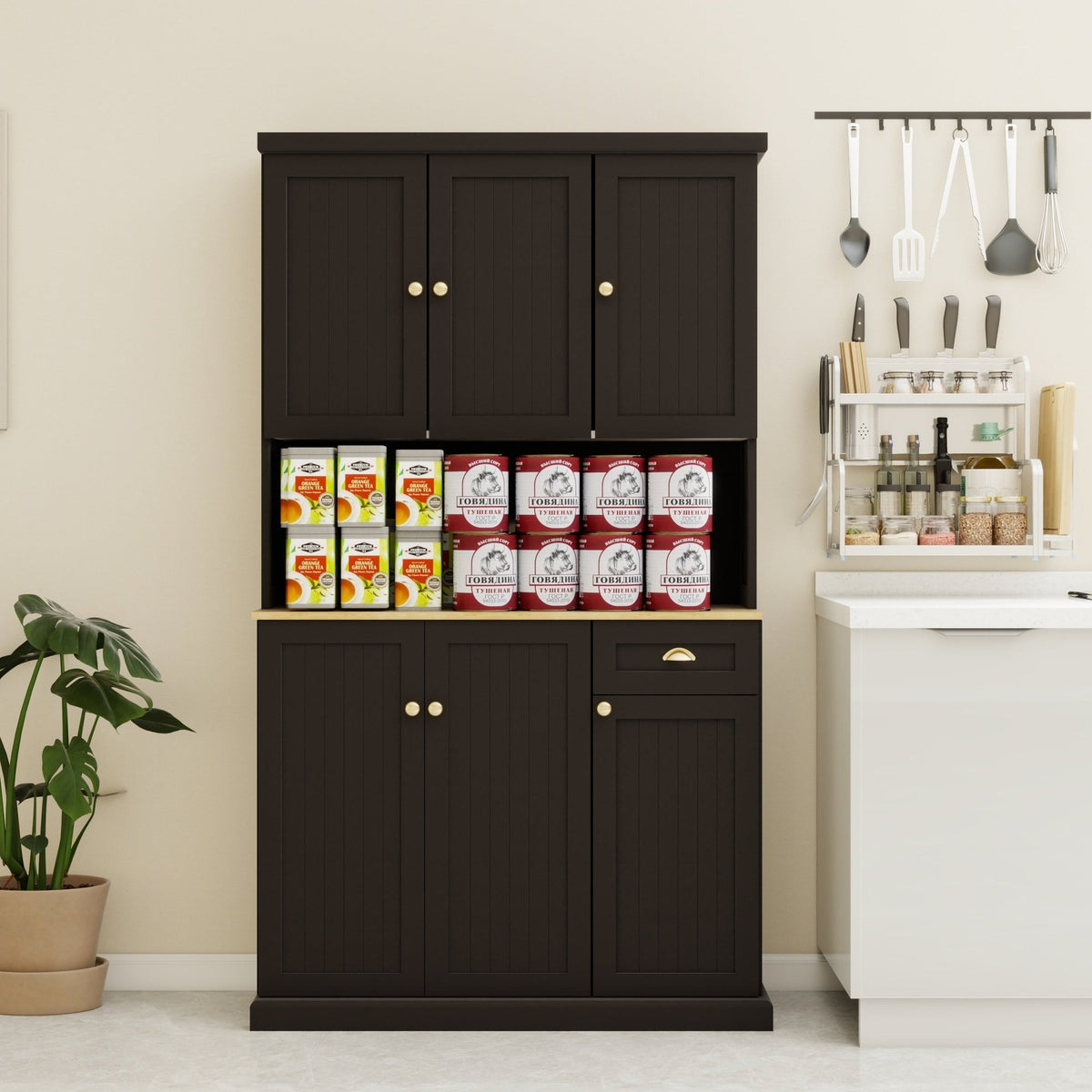 Anthony & Home pantry storage cabinet with microwave countertop, black matte finish, 6 doors, and 1 drawer, modern kitchen organizer