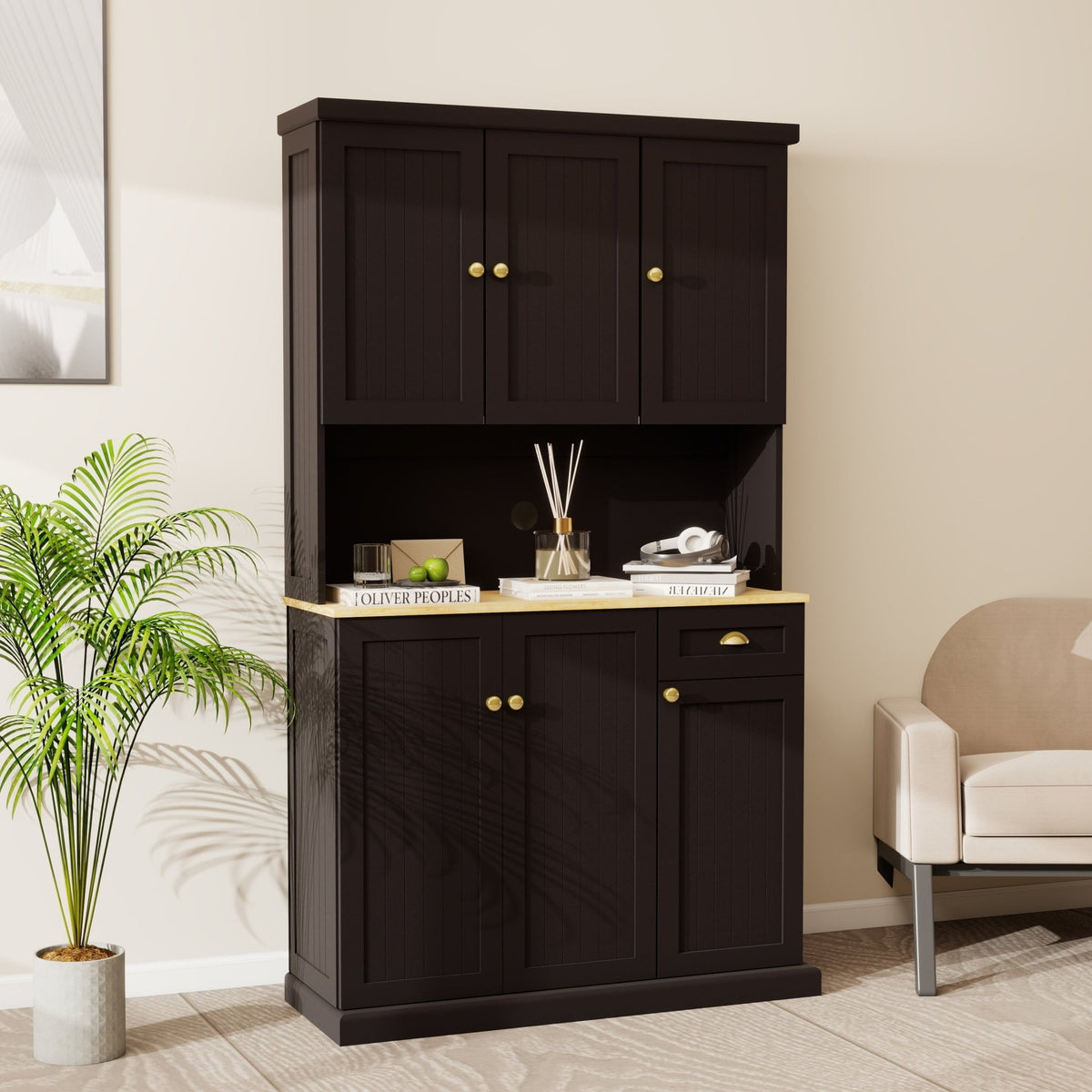 Anthony & Home black matte pantry storage cabinet with microwave countertop, 6 doors, and 1 drawer, showcasing a modern kitchen storage solution.