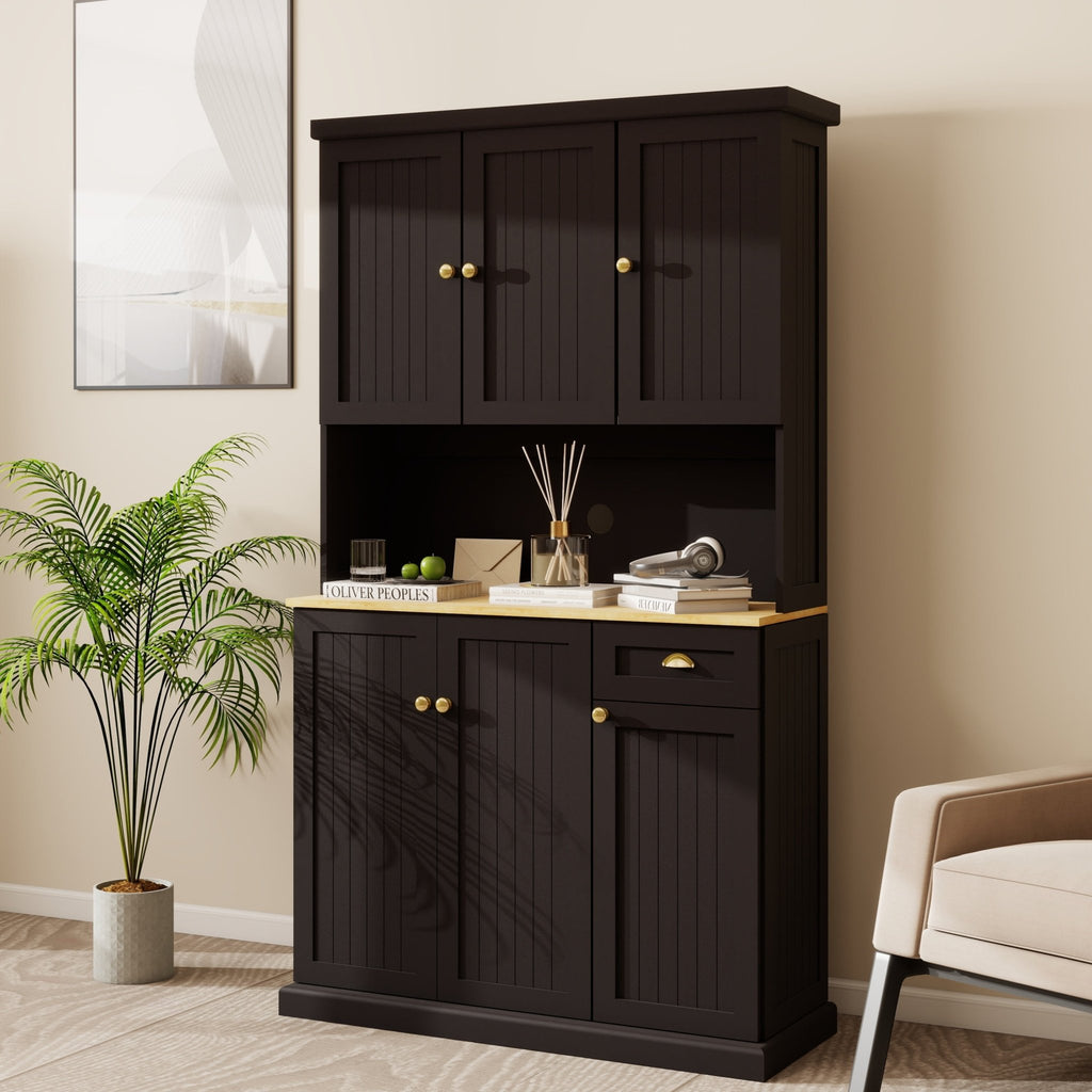 Black matte pantry storage cabinet with microwave countertop, six doors, and one drawer from Anthony & Home.