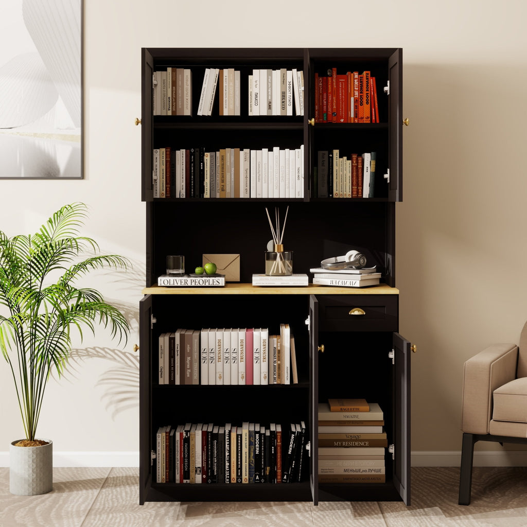 Anthony & Home pantry storage cabinet with microwave countertop, black matte finish, 6 doors, and 1 drawer.