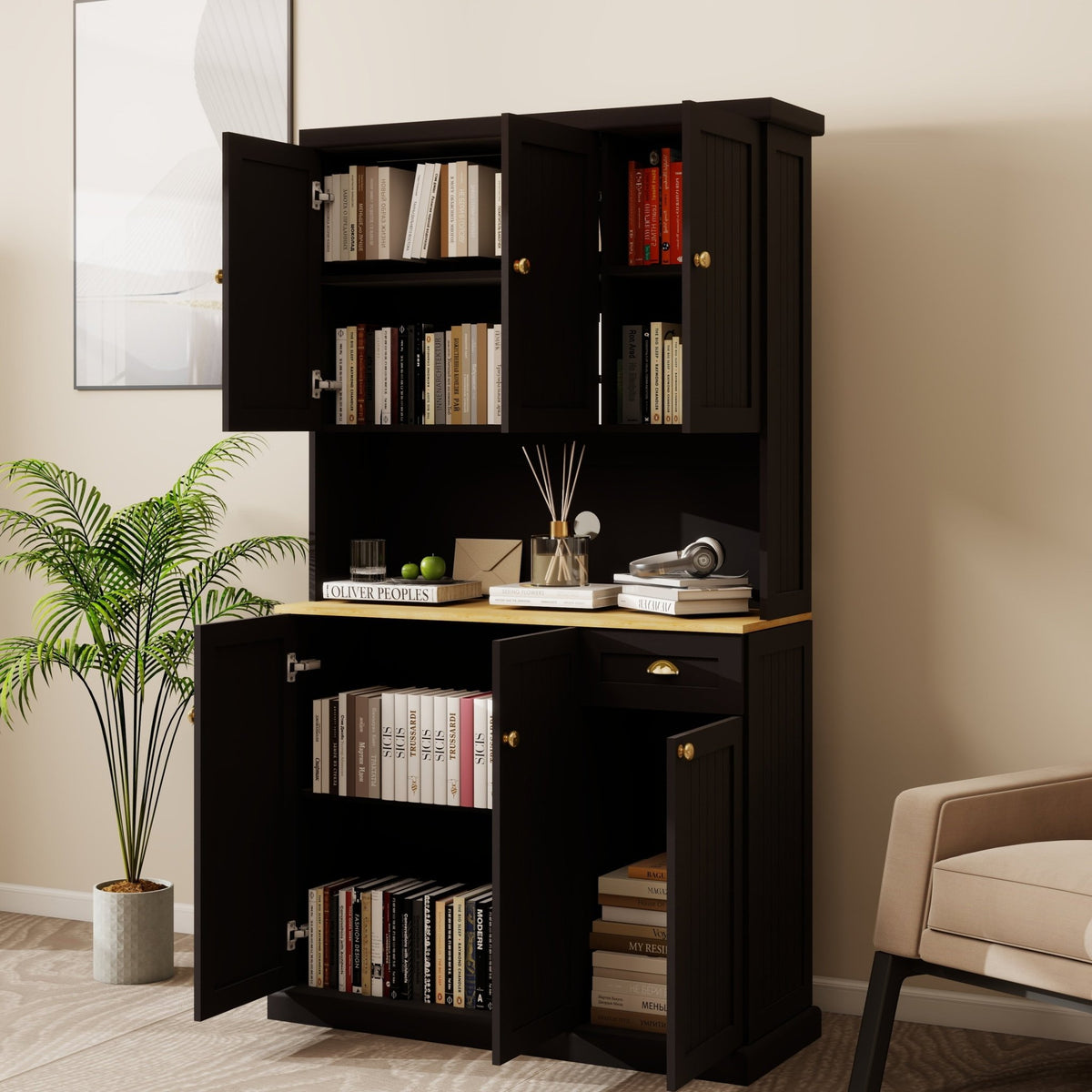 Anthony & Home black matte pantry storage cabinet with microwave countertop, 6 doors, and 1 drawer for organized kitchen storage.