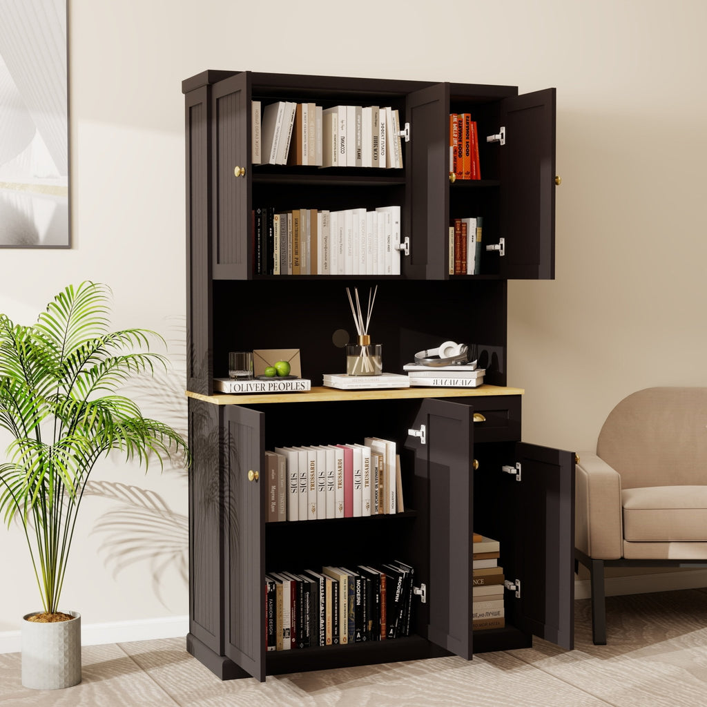 Black matte pantry storage cabinet with microwave countertop, 6 doors, and 1 drawer from Anthony & Home.