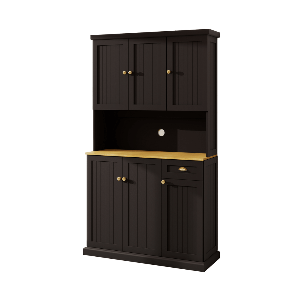 Anthony & Home black matte pantry storage cabinet with microwave countertop, six doors, and one drawer in a modern kitchen setting.