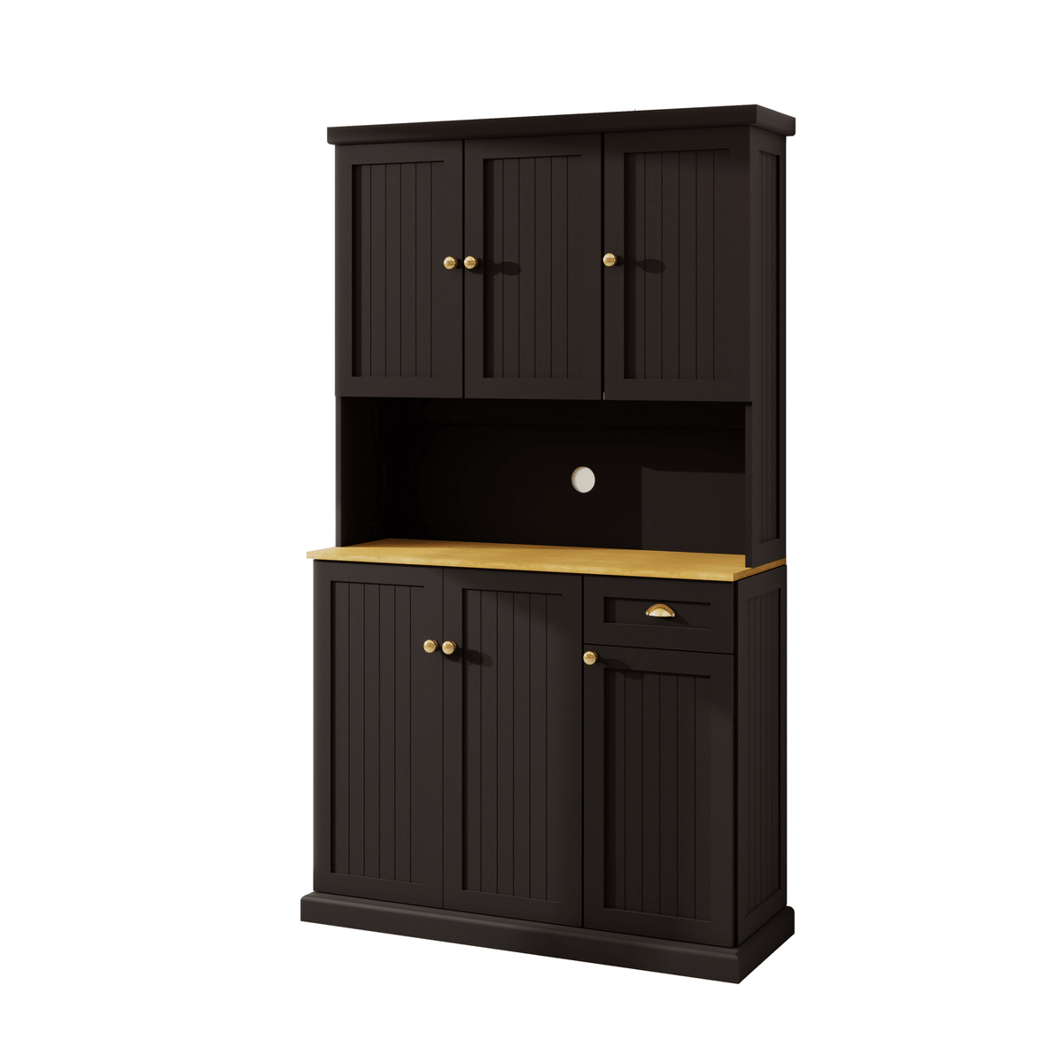 Anthony & Home black matte pantry storage cabinet with microwave countertop, six doors, and one drawer in a modern kitchen setting.