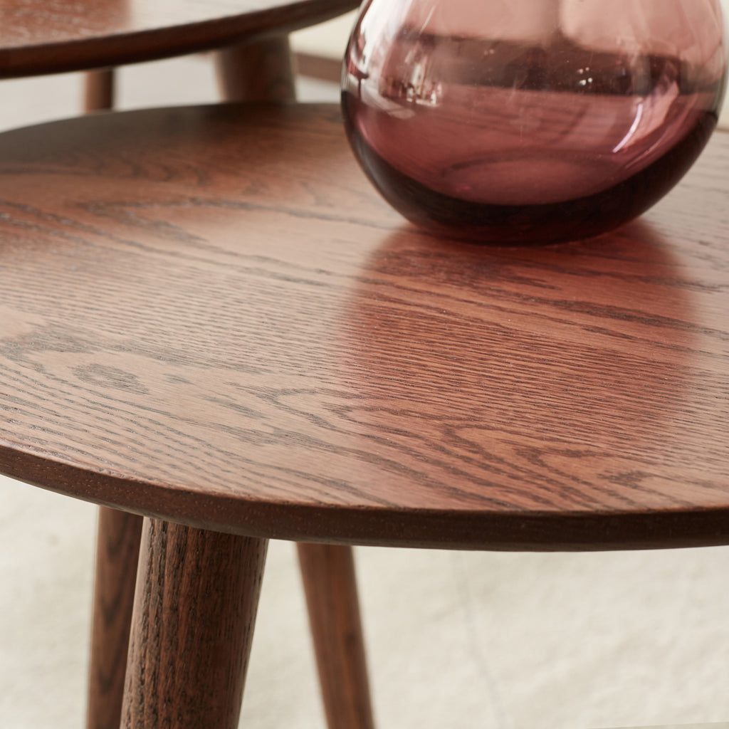 Pebble-shaped coffee table with walnut finish, mid-century modern design by Anthony & Home, limited edition.