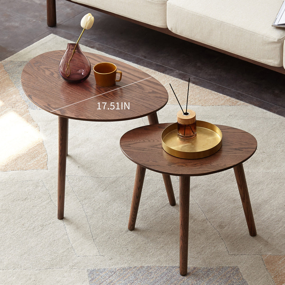Pebble-shaped coffee table with walnut finish, mid-century modern style, limited edition by Anthony & Home.