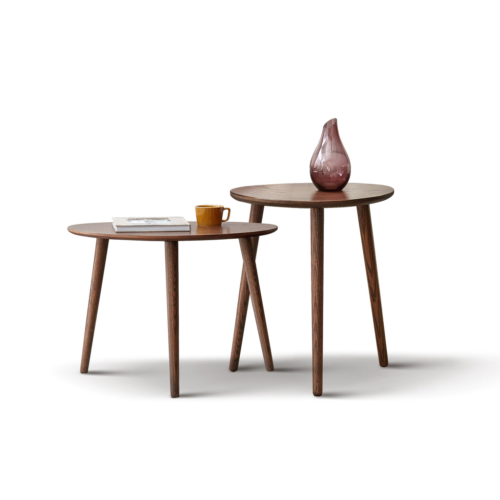 Pebble-shaped coffee table by Anthony & Home with walnut finish, mid-century modern design, limited edition.