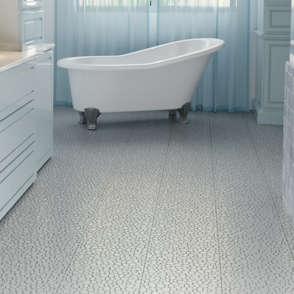 Gray pebble stone interlocking deck tiles from Anthony & Home, waterproof 12x12 outdoor flooring for patios and decks.