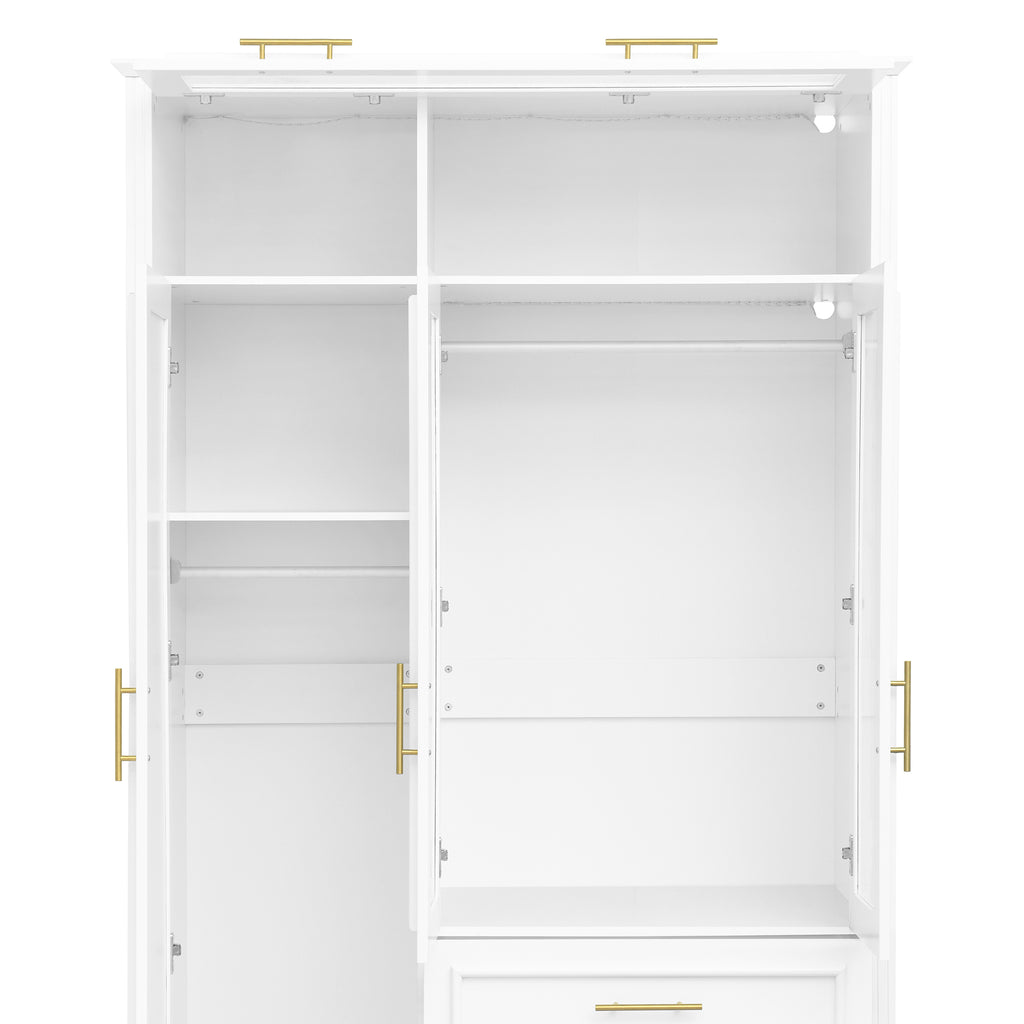 Anthony & Home Pinewood Atelier Wardrobe Armoire with double doors and brass handles, standing on a light wooden floor.