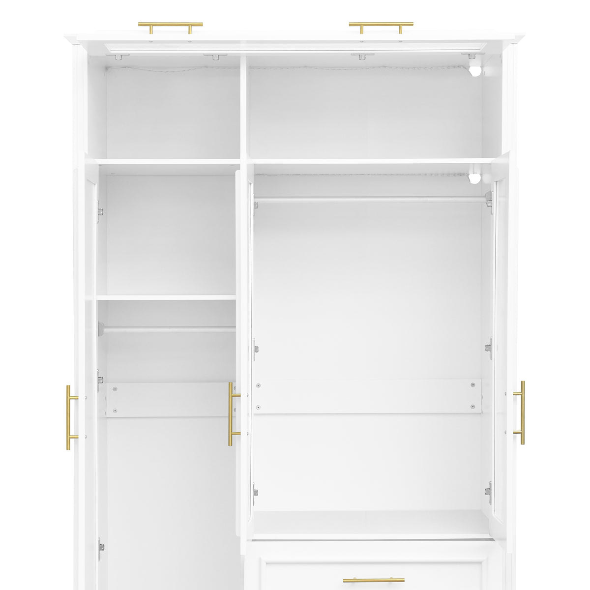 Anthony & Home Pinewood Atelier Wardrobe Armoire with double doors and brass handles, standing on a light wooden floor.
