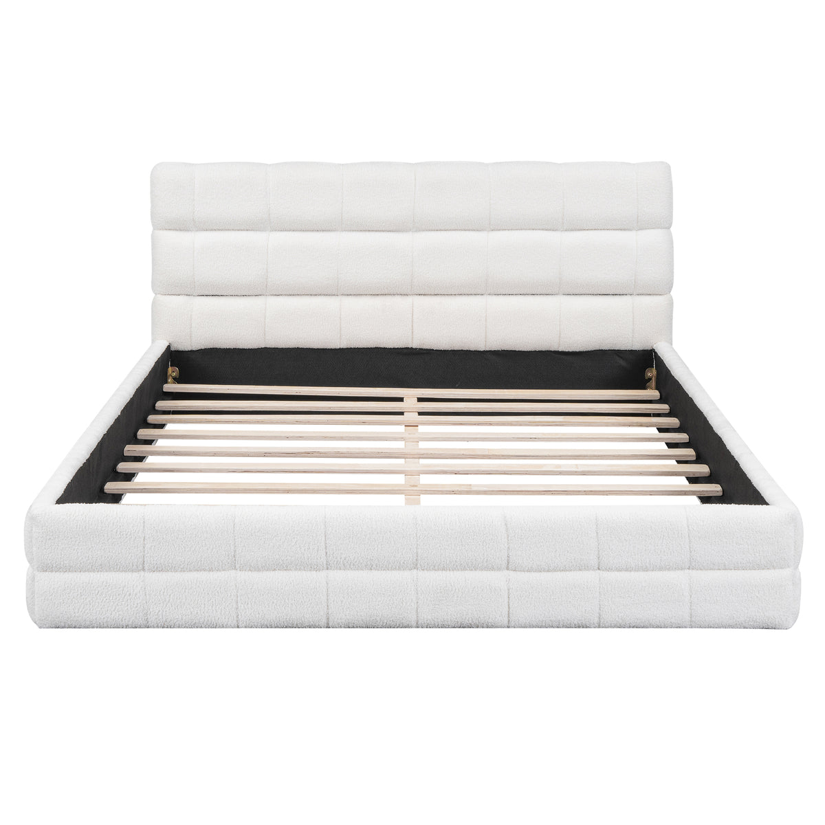 Queen platform bed by Anthony & Home with white velvet upholstery and wood frame, featuring a modern and elegant design.