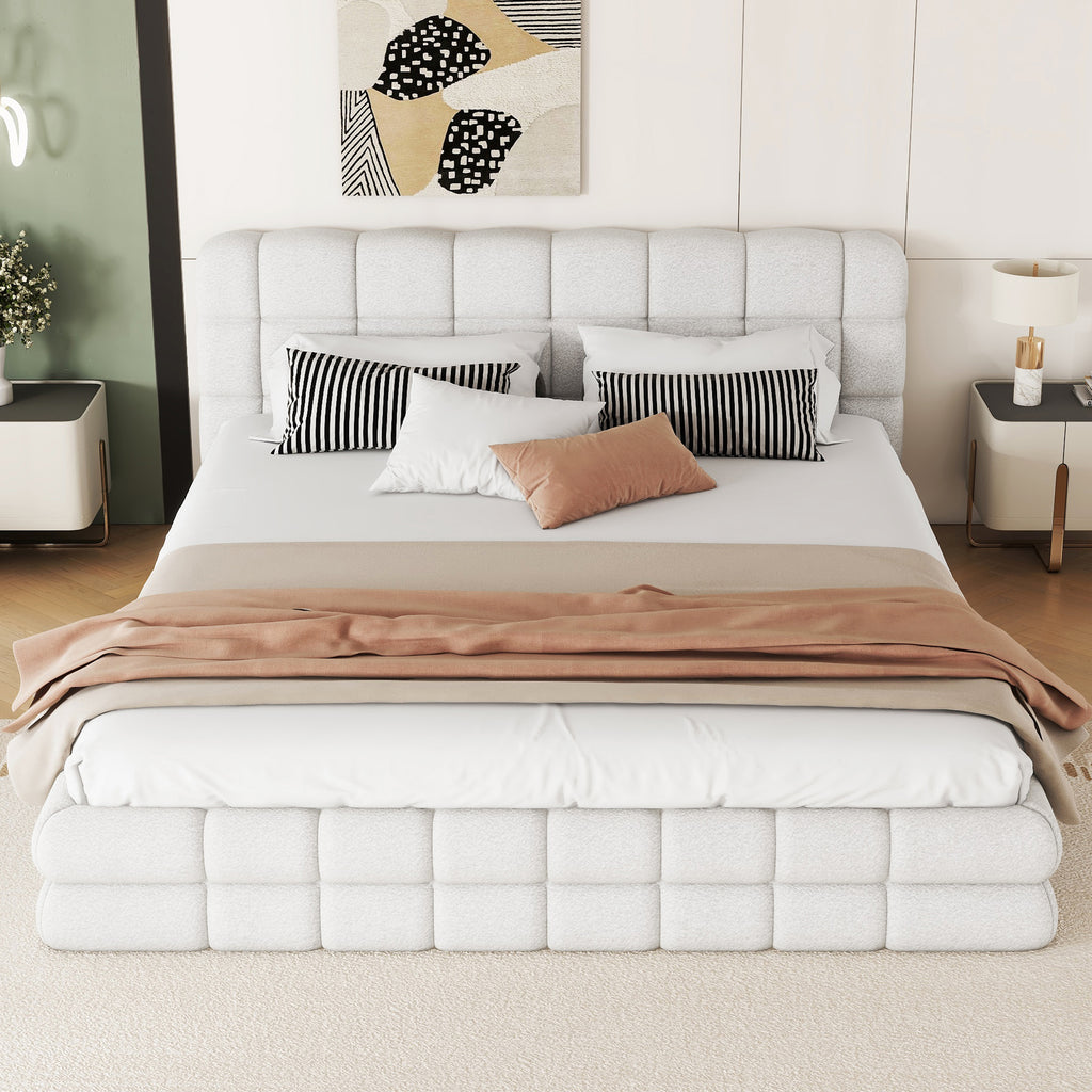 Signature white velvet queen platform bed with wood frame by Anthony & Home, showcasing a modern, stylish bedroom centerpiece.