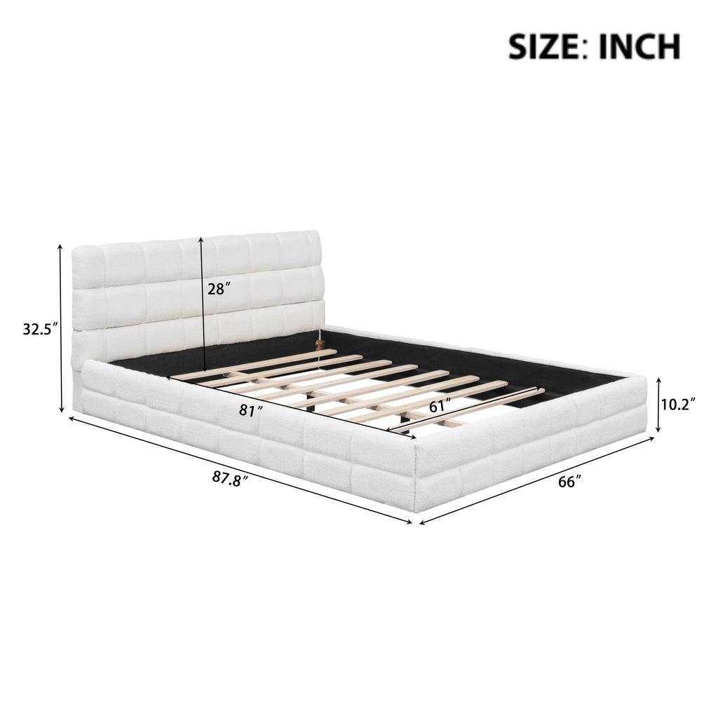 Queen platform bed with white velvet upholstery and wood frame by Anthony & Home, showcasing a modern bedroom design.