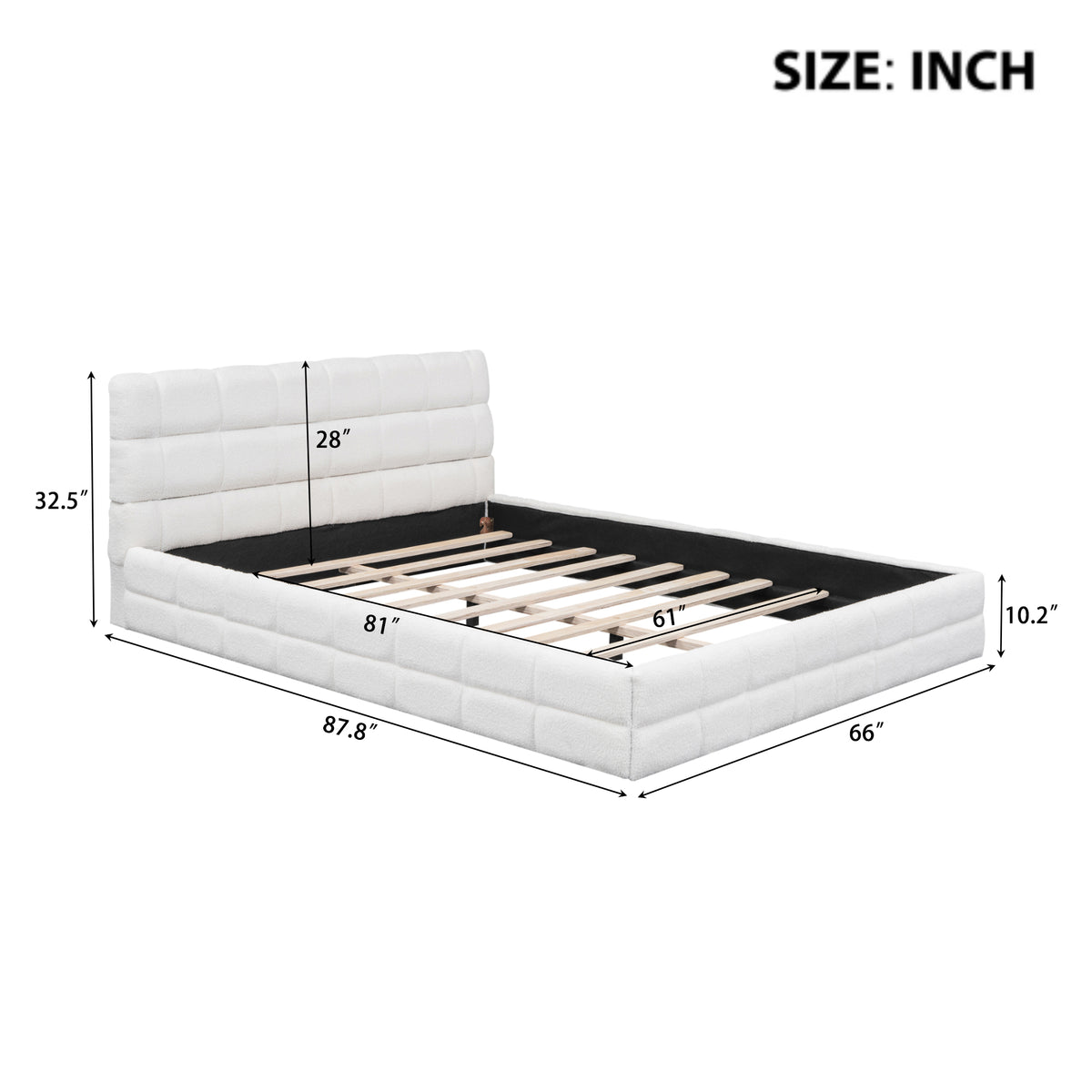 Queen platform bed with white velvet upholstery and wood frame by Anthony & Home, showcasing a modern bedroom design.