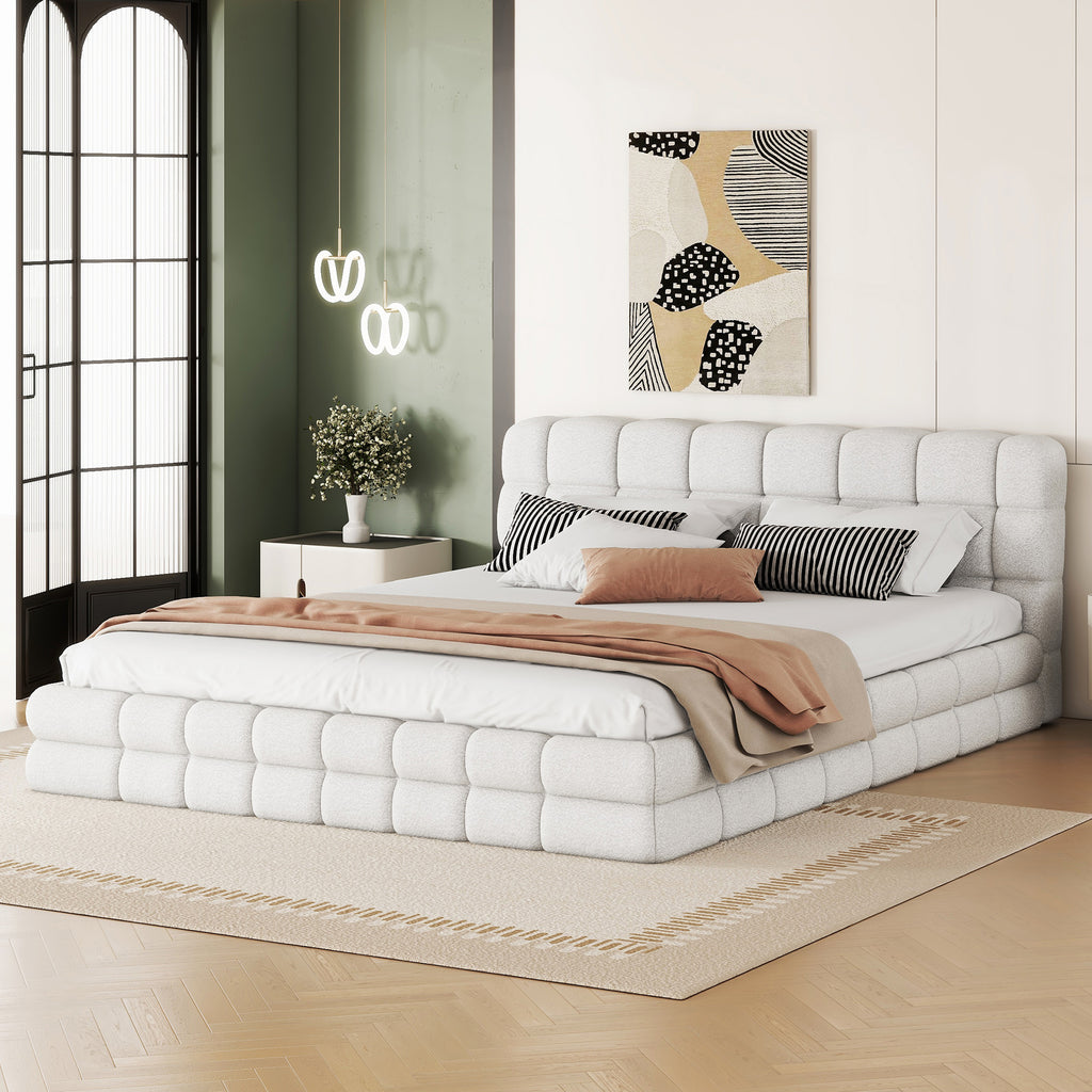 Queen platform bed with white velvet upholstery and wood frame, modern design by Anthony & Home.
