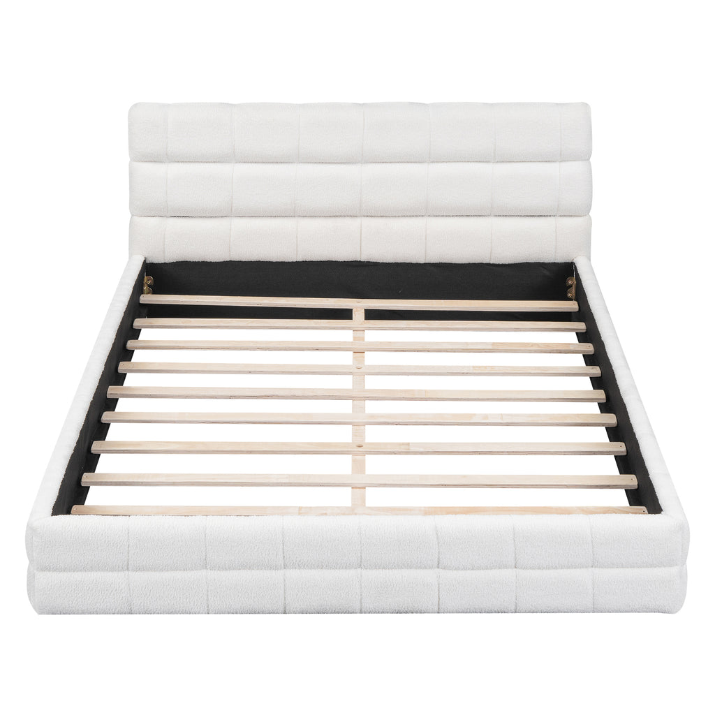 Queen platform bed with white velvet upholstery and wood frame by Anthony & Home, showcasing a modern bedroom design
