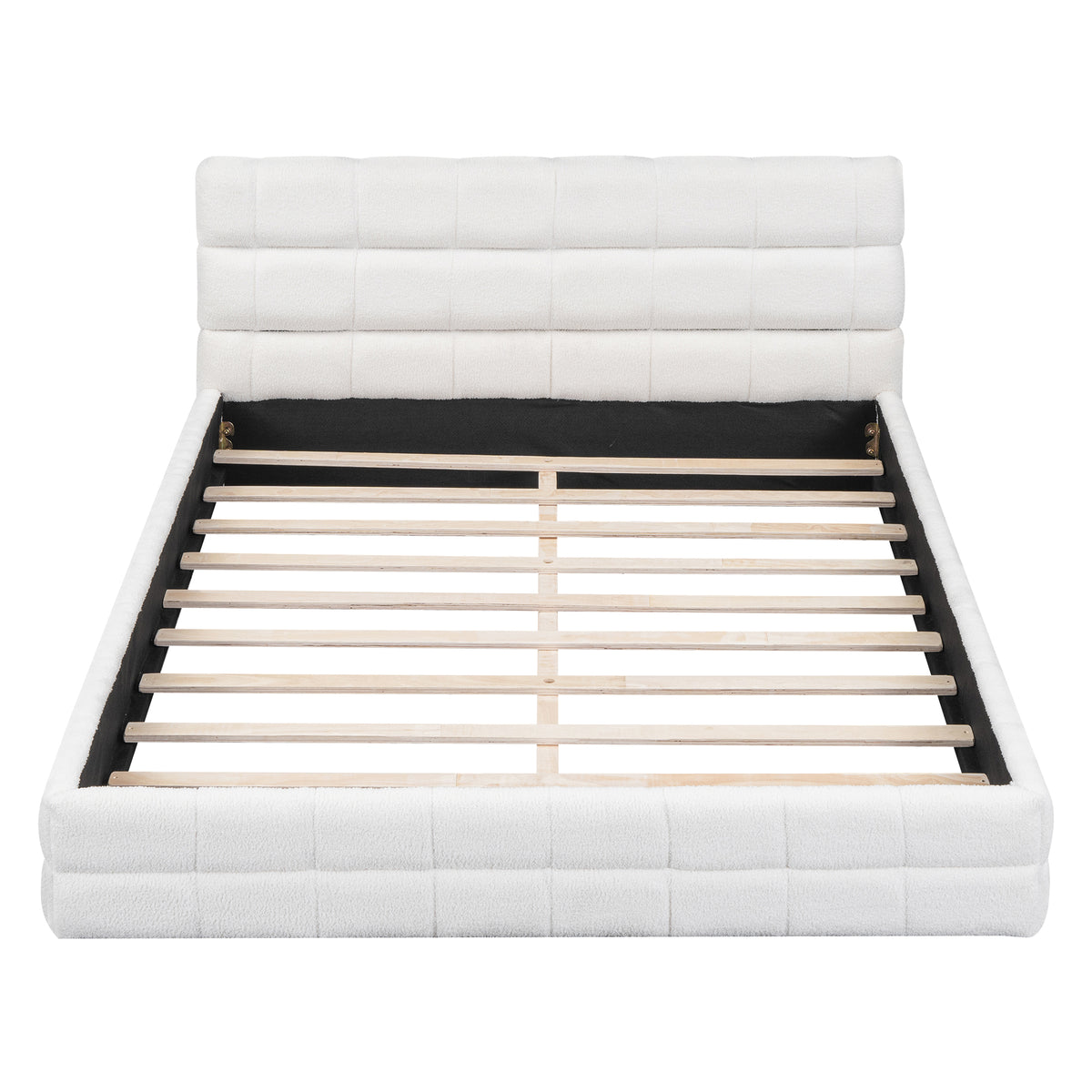 Queen platform bed with white velvet upholstery and wood frame by Anthony & Home, showcasing a modern bedroom design