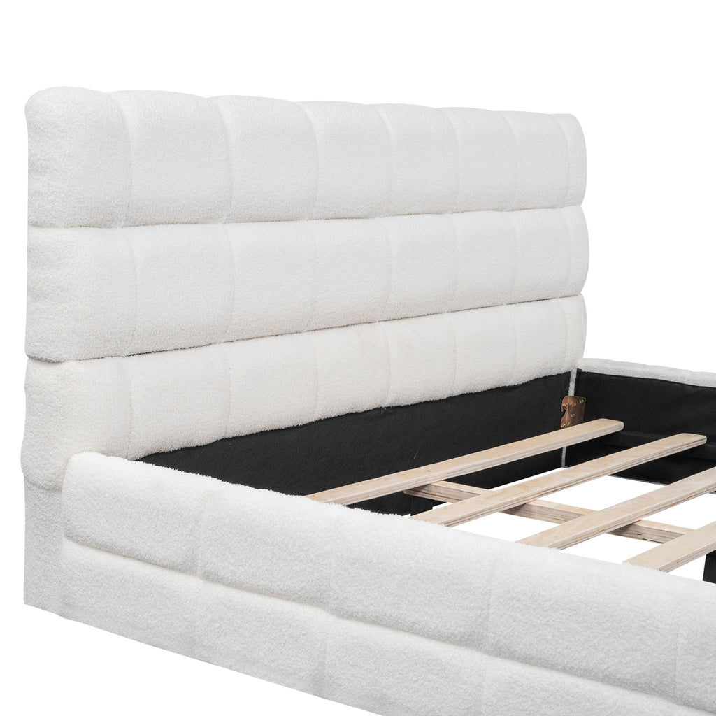 Queen platform bed with white velvet upholstery and wood frame by Anthony & Home, showcasing a modern and elegant bedroom setup.