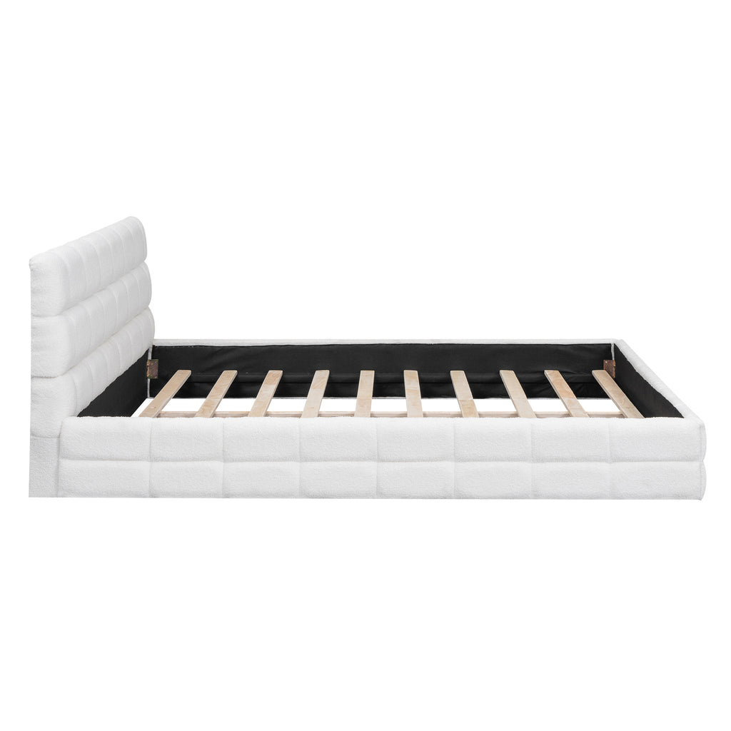 Queen platform bed with white velvet upholstery and wood frame by Anthony & Home, showcasing a modern and elegant bedroom setup.