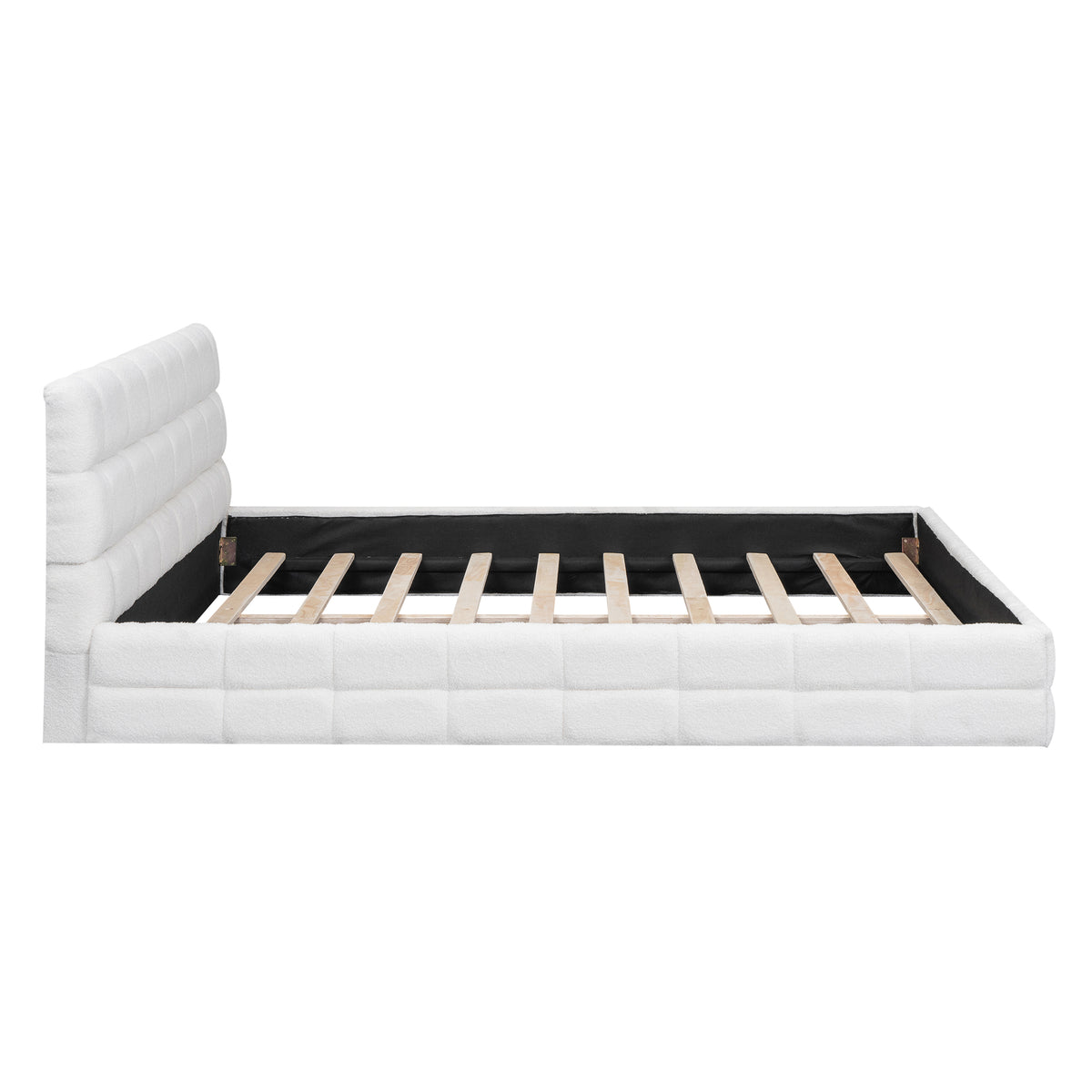 Queen platform bed with white velvet upholstery and wood frame by Anthony & Home, showcasing a modern and elegant bedroom setup.