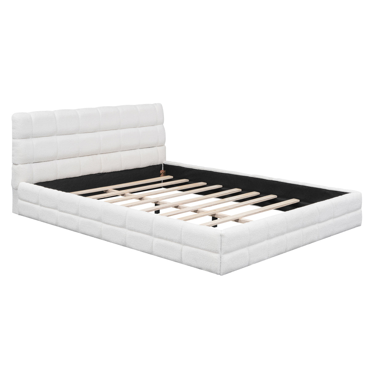 Queen platform bed with white velvet upholstery and wood frame by Anthony & Home, showcasing a modern bedroom setup.