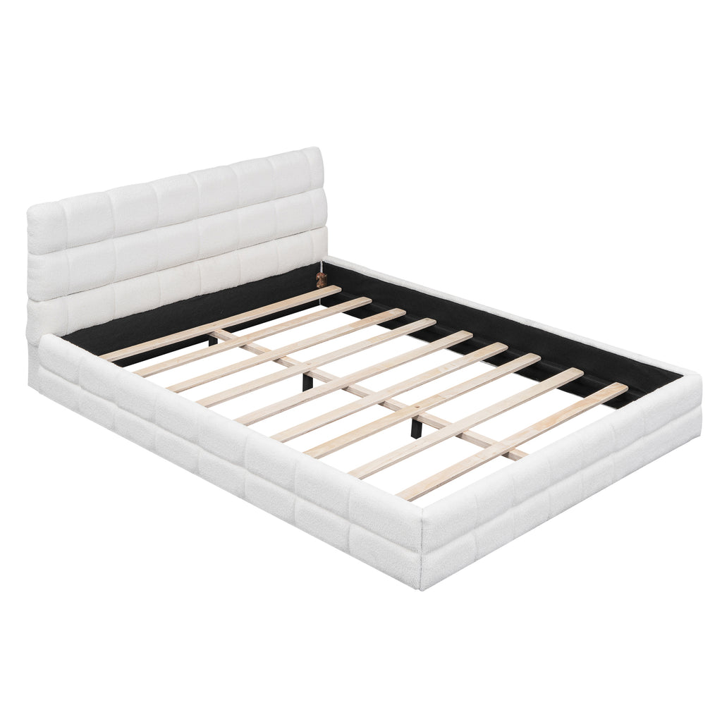 Queen platform bed with white velvet upholstery and wood frame by Anthony & Home, showcasing a modern and elegant bedroom furniture piece.