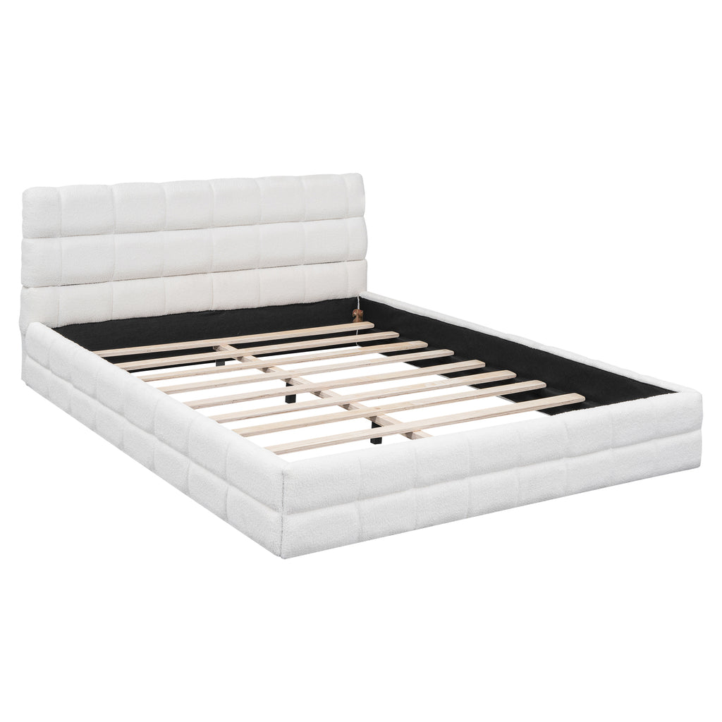 Queen platform bed with white velvet upholstery and wood frame from Anthony & Home, showcasing a modern bedroom setting.