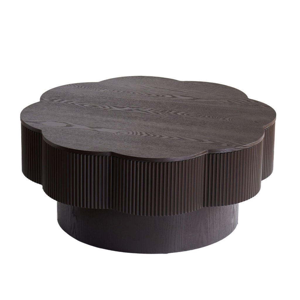 Dark brown wood veneer Plum Blossom coffee table by Anthony & Home with a sleek, modern design and smooth surface.