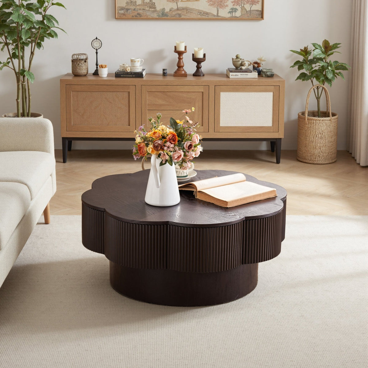 Dark brown wood veneer Plum Blossom Coffee Table by Anthony & Home with elegant, floral-inspired design and sturdy wooden construction.